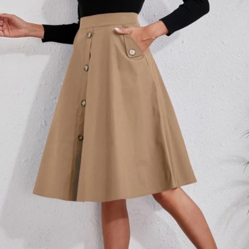 Classic Burnt Orange  Button Detail Pocket Midi Skirt Work - Picture 14 of 16